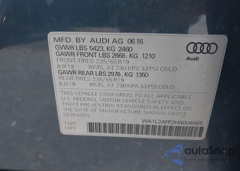 2017 Audi Q5 2.0T Premium из США, поврежденный, VIN WA1L2AFP2HA004665